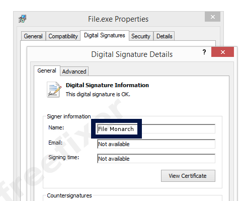 Screenshot of the File Monarch certificate